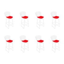 Kit 8 Banquetas Bistrô Bertoia Branca D60 com Assento Vermelho