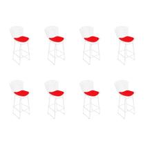 Kit 8 Banquetas Bistrô Bertoia Branca D70 com Assento Vermelho