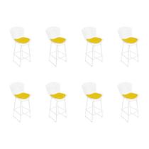Kit 8 Banquetas Bistrô Bertoia Branca D80 com Assento Amarelo Kit 8 Banquetas Bistrô Bertoia Branca D80 com Assento Amarelo