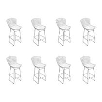 Kit 8 Banquetas Bistrô Bertoia Cromada D70 com Assento Sintético Branco