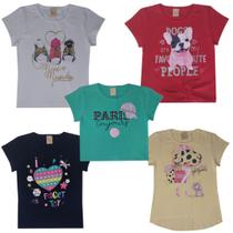 Kit 8 Blusinhas Feminina Básica Baby Look Cotton Verão Estampas diversas strass pérola Camiseta Menina Tshirt Tam 4 - 14