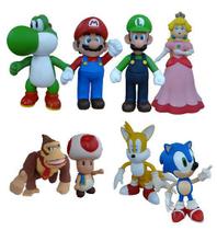 kit 8 bonecos - Mario Luigi Yoshi Toad Princesa Donkey Kong Sonic e Tails