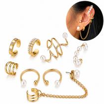 Kit 8 Brincos Pérola Feminino Pressão Dourado Ear Cuff Piercing Fake Orelha Festa Kit 8 Brincos Pérola Feminino Pressão Dourado Ear Cuff Piercing Fake Orelha Festa