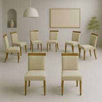 Kit 8 Cadeira de Jantar Emily Estofada Linho Bege Pé de Madeira Castanho