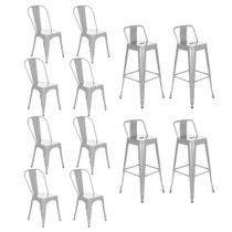 Kit 8 cadeiras + 4 banquetas altas com encosto industrial Loft Vintage Iron Tolix prata