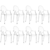 Kit 8 Cadeiras de Jantar Design Ghost Acrílica Transparente com Braço