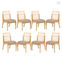Kit 8 Cadeiras de Jantar em Madeira Lisboa Encosto Rattan Estofada Linho Marrom Claro L87 RMI Kit 8 Cadeiras de Jantar em Madeira Lisboa Encosto Rattan Estofada Linho Marrom Claro L87 RMI