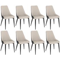 Kit 8 Cadeiras de Jantar Estofada Torino Design Italiano Costuras Geométricas Base em Metal - Bege/Cinza Escuro