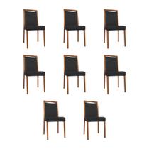 Kit 8 Cadeiras de Jantar Estofadas Jade material sintético Preto Base Madeira Maciça Mel