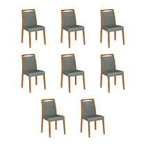 Kit 8 Cadeiras de Jantar Estofadas Jade Veludo Cinza Base Madeira Maciça Mel