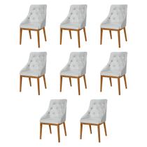 Kit 8 Cadeiras de Jantar Luxo Estofada Elisa Anatômica Capitonê Linho Cinza Base Madeira Maciça Mel