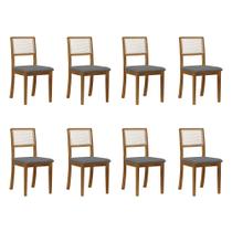 Kit 8 Cadeiras de Jantar Luxo Madeira Maciça Mel Encosto Telinha Palha Estofada Veludo Cinza Rubi