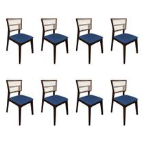 Kit 8 Cadeiras de Jantar Manuela em Tela Assento Veludo Azul Base em Madeira Maciça - Castanho