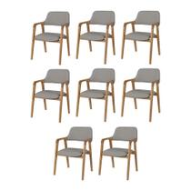 Kit 8 Cadeiras de Jantar Ruth Estrutura em Madeira Maciça Estilo Retrô Linho Cinza