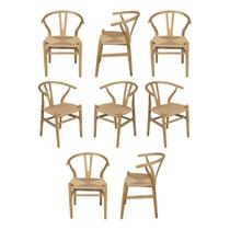 Kit 8 Cadeiras de Jantar Wishbone em Madeira com Assento Rattan Bege Kit 8 Cadeiras de Jantar Wishbone em Madeira com Assento Rattan Bege
