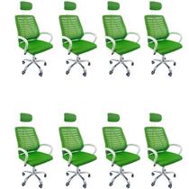 Kit 8 Cadeiras Escritório Diretor Oficial Tela Mesh apoio Nuca Verde Branco