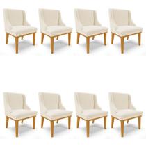 Kit 8 Cadeiras Estofadas para Sala de Jantar Base Fixa de Madeira Castanho Lia Linho Bege - Ibiza