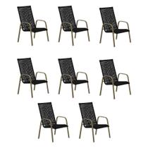 Kit 8 Cadeiras para Área Externa Luna em Corda Náutica Preta e Alumínio Champagne - STAR MOBILIA