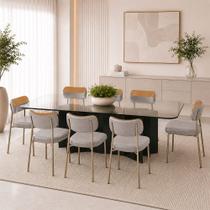 Kit 8 Cadeiras Sala de Jantar Lisa Pés Champanhe Linho/PU Cinza/Caramelo M2 - Monari Design Kit 8 Cadeiras Sala de Jantar Lisa Pés Champanhe Linho/PU Cinza/Caramelo M2 - Monari Design
