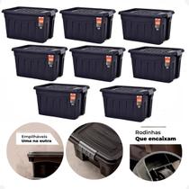 Kit 8 Caixas Contêiner Organizador Multiuso 53 Litros Preto C/ Tampa e Rodas