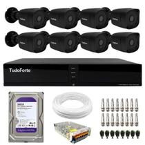 Kit 8 Câmeras Bullet Black Tudo Forte TF 2020 B Full HD 1080p com Visão Noturna 20M Proteção IP66 + DVR Tudo Forte TFHDX 3308 8 Canais + HD 500GB
