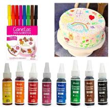 Kit 8 Canetas Tinta Alimentícia + 8 Corantes De 20 Ml Mago