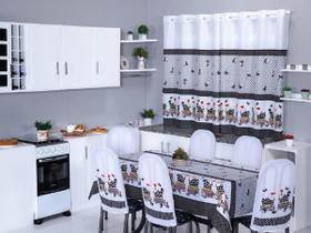 Kit 8 Capas de Cadeira + Toalha de Mesa + Cortina Sala de Jantar Cozinha dos Sonhos Completa Galinha da Angola
