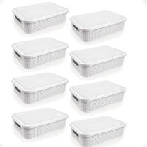 Kit 8 Cesto Rattan Baixo Com Tampa Médio 4,5 Litros Branco Kit 8 Cesto Rattan Baixo Com Tampa Médio 4,5 Litros Branco