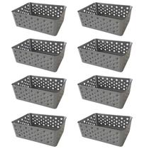 Kit 8 Cestos Organizadores Cinza Multiuso Médio Empilhável Gaveta Armário Lavanderia 19x14x6,5