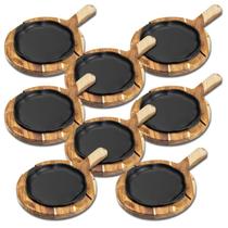 Kit 8 Chapas 20cm em Ferro Fundido com Suporte de Madeira Panela Mineira Elétrico Indução Forno Kit 8 Chapas 20cm em Ferro Fundido com Suporte de Madeira Panela Mineira Elétrico Indução Forno