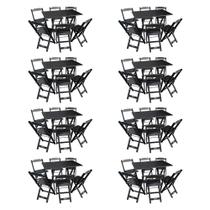 Kit 8 Conjuntos de Mesa Dobráveis de Madeira 70x110cm com 6 Cadeiras Preta