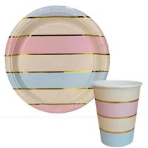 Kit 8 Copos + 8 Pratos de Papel Festa Candy Colors Listras Metalizadas Arco Íris Ponto das Festas