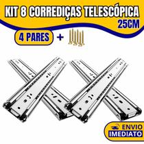 Kit 8 Corrediça Telescópica Light 25cm Zincada H35 Trilha Para Gaveta Armário Gavetas 30kg 4 Pares