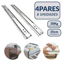 Kit 8 Corrediças 35cm Telescópicas Light Aço Cromado para Gaveta Guarda-roupa 35mm 4 Pares