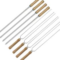 Kit 8 Espetos De Churrasco 55Cm 4 Simples + 4 Duplos Com Cabo em Madeira