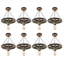 Kit 8 Luminárias Pendente Lustre Roda de Carroça em Madeira Maciça 33cm Rústico Colonial Vintage Retrô