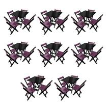 Kit 8 Mesas de Madeira Dobrável Preto 70x70 com 4 Cadeiras Dobráveis Roxo