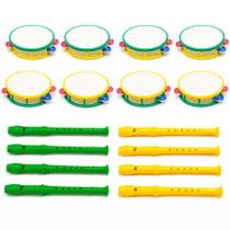 Kit 8 Pandeiro 8 Flauta Infantil Brasil Festa Copa Criança Musical Lembrancinha Recreação Educativo