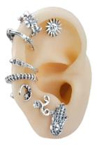 Kit 8 Pc Brinco Piercing Argola Falso Fake Prata Vintage