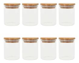 Kit 8 Pcs Pote De Vidro Com Tampa De Bambu Hermético 200ml