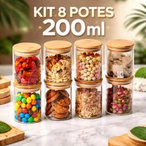 Kit 8 Pcs Pote De Vidro Com Tampa De Bambu Hermético 200ml
