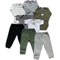 Kit 8 peças body e calça Best Club Baby verde, branco, cinza e preto com bordado urso