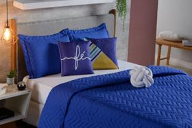 Kit 8 Peças Cama Cobre Leito - Colcha Casal Super Luxo - Azul