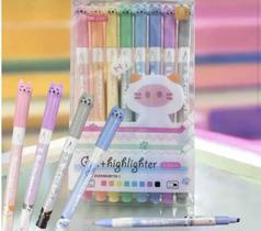 Kit 8 Peças Caneta Gatinho Ponta Dupla, Marca Texto E Ponta