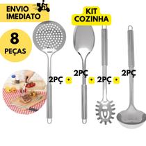 Kit 8 Peças Cozinha Inox 2 Concha 2 Escumadeira 2 Colher de Arroz e 2 Pegador de Massas, Ideal p/ su