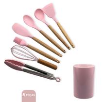 kit 8 Peças de Utensilios Silicone colher espatula copo pegador fue pincel concha Conjunto completo cozinha alimentos casa sem arranhar fundo - Rosa