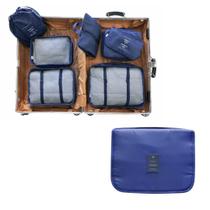 Kit 8 Peças Organizador Para Mala de Viagem com Necessaire Cabide Azul Marinho