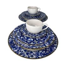 Kit 8 Peças Pratos e Xicaras Chá Cerâmica Azulejo Portugues - Alleanza Cerâmica