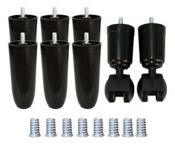 Kit 8 Pés Cônico De Cama Box Preto 6x2 Com Bucha Americana E Rodinha 12cm Preto Casal Queen King