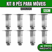 Kit 8 Pés Para Móveis Regulável Quadrado Cromado Pezinho Base Para Móveis Cama Armário 12cm
